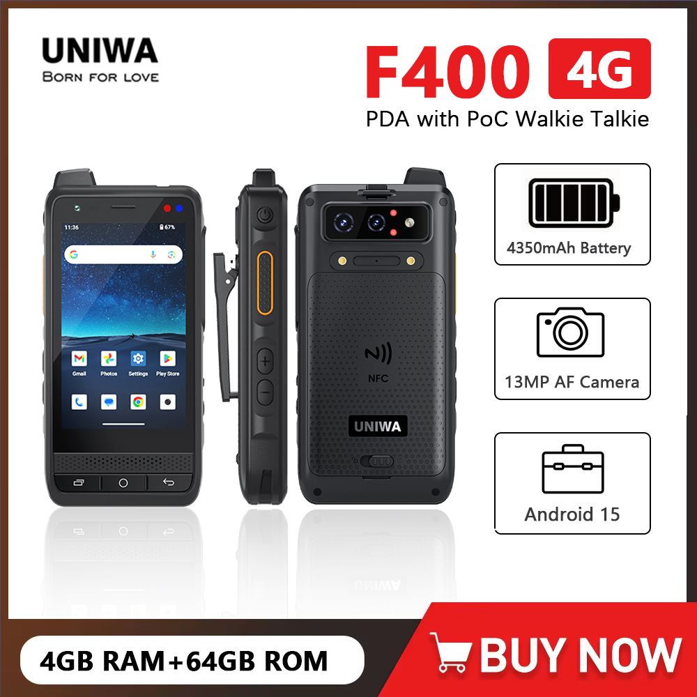 UNIWA F400 PDA robuste avec talkie-walkie PoC Zello IP65 Smartphone Android 15 4350mAh 4.0 pouces 4G gamme mondiale talkie-walkie NFC