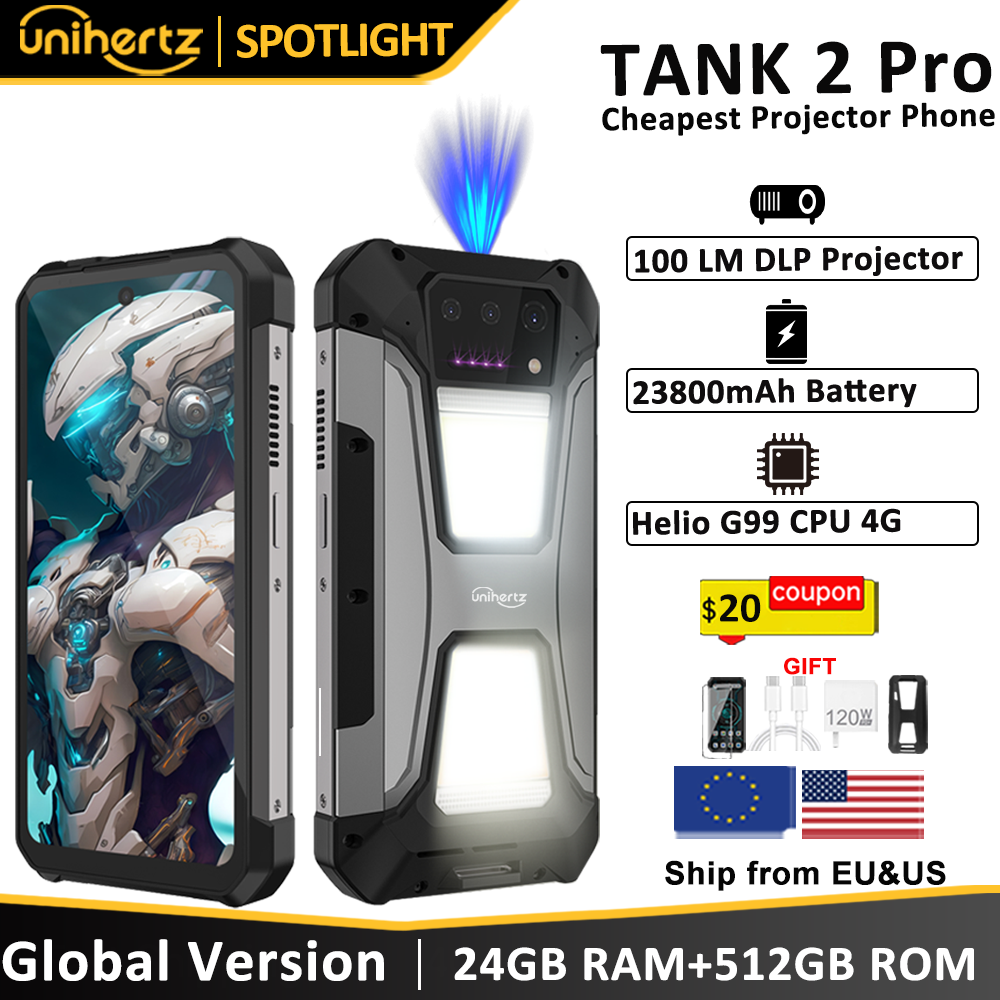 Unihertz tank 2 Pro 8849 smartphone robuste avec projecteur 2.4K 23800 mAh 24GB + 512GB téléphone portable Android 14 100MP NFC téléphone portable