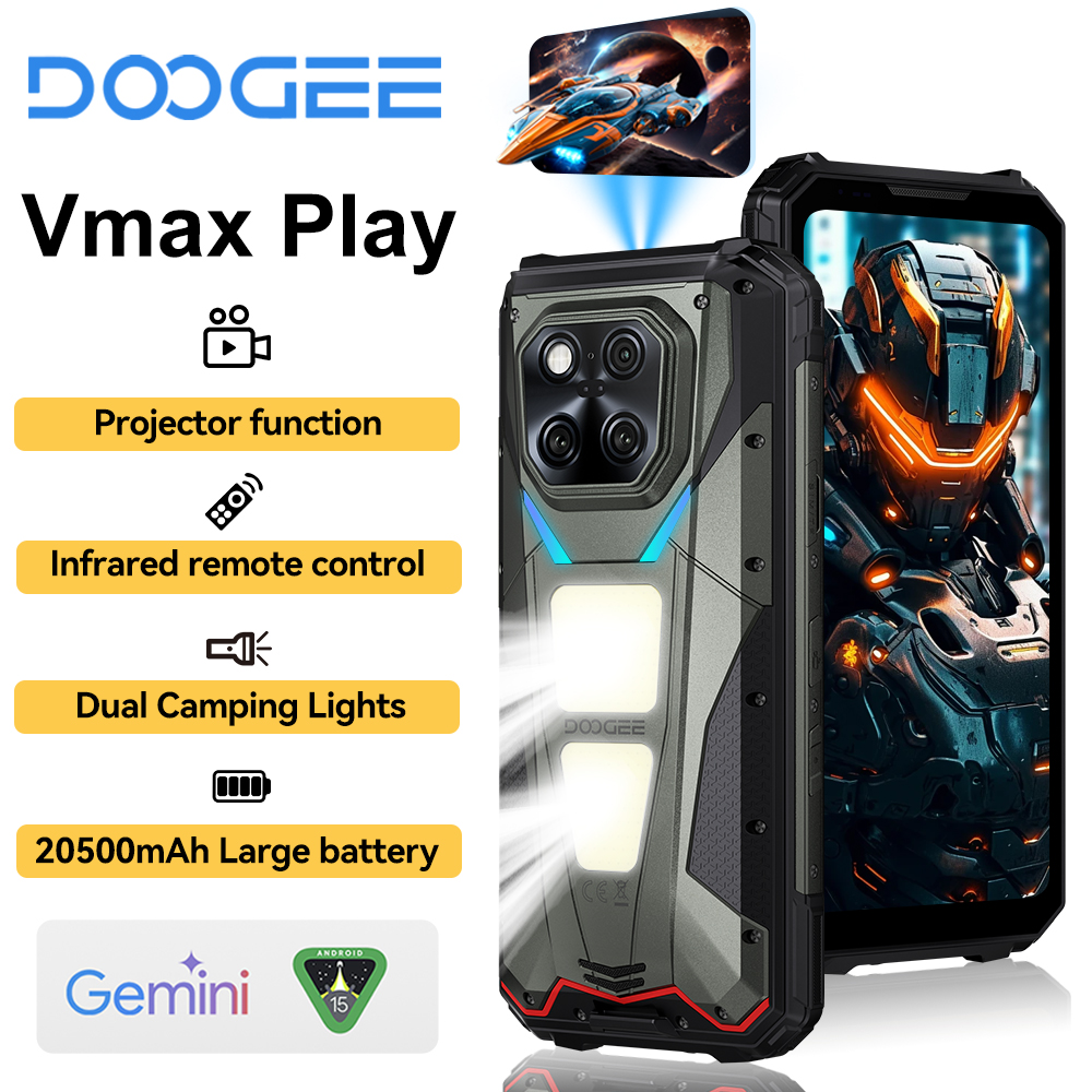 DOOGEE V Max Play 2025 - Smartphone robuste avec projecteur, écran 6,78 pouces, double éclairage de camping, 5G, 16 Go + 512 Go, 20 500 mAh, Android 15, NFC