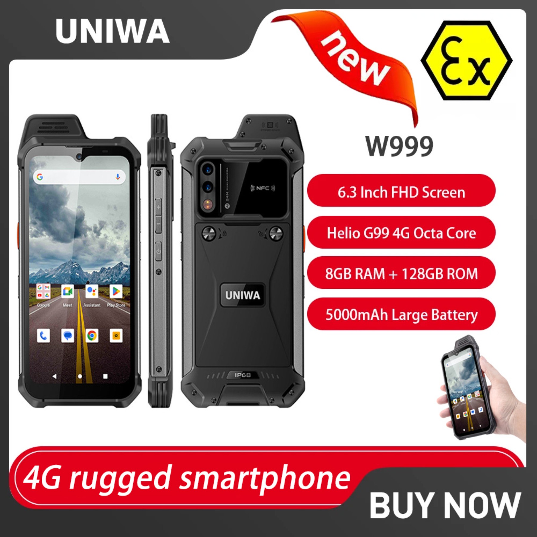 UNIWA W999 ATEX Smartphones antidéflagrants robuste IP68 6.39 "FHD Andriod13 8GB + 128GB 5000mAh talkie-walkie PTT NFC téléphone portable