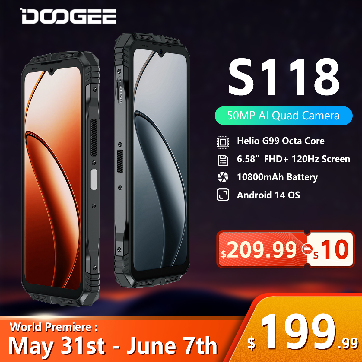 DOOGEE-Smartphone S118, téléphone portable robuste, 8 Go, 512 Go, écran FHD + 6.58 ", Helio G99, appareil photo AI 50MP, 10800mAh, Android 14, NDavid, 4G