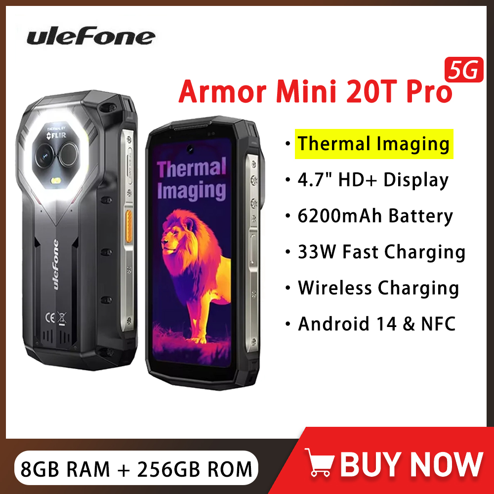 Ulefone-Smartphone Armor Mini 20T Pro, téléphone robuste 5G, lmaging thermique, 4.7 pouces, 8 Go, 256 Go, 6200mAh, charge rapide 33W, petit smartphone, Android 14