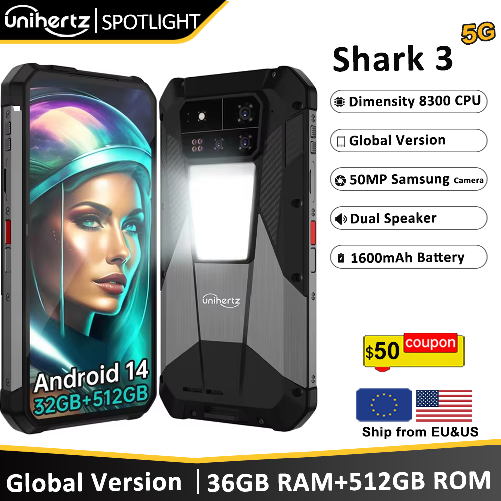 Unihertz SHARK 3 par 8849 Smartphone Android 14 32GB 512GB dimension 8300 3K écran AMOLED 11600mAh caméra de nuit 5G téléphone robuste