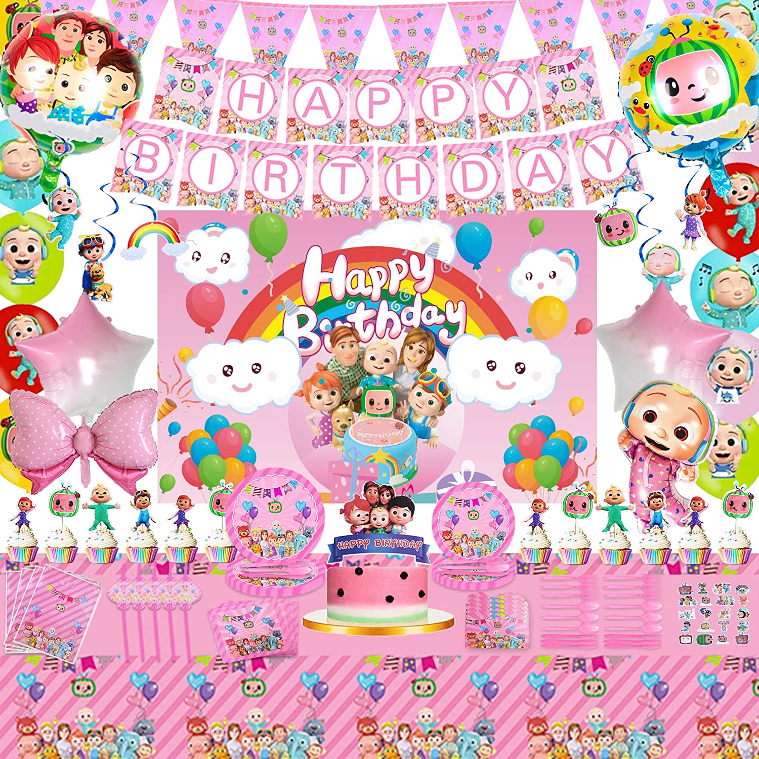 Ensemble de vaisselle jetable pour enfants, thème de dessin animé rose JJ Melon, fête d'anniversaire, ballons de fête prénatale pour filles, fournitures de décoration