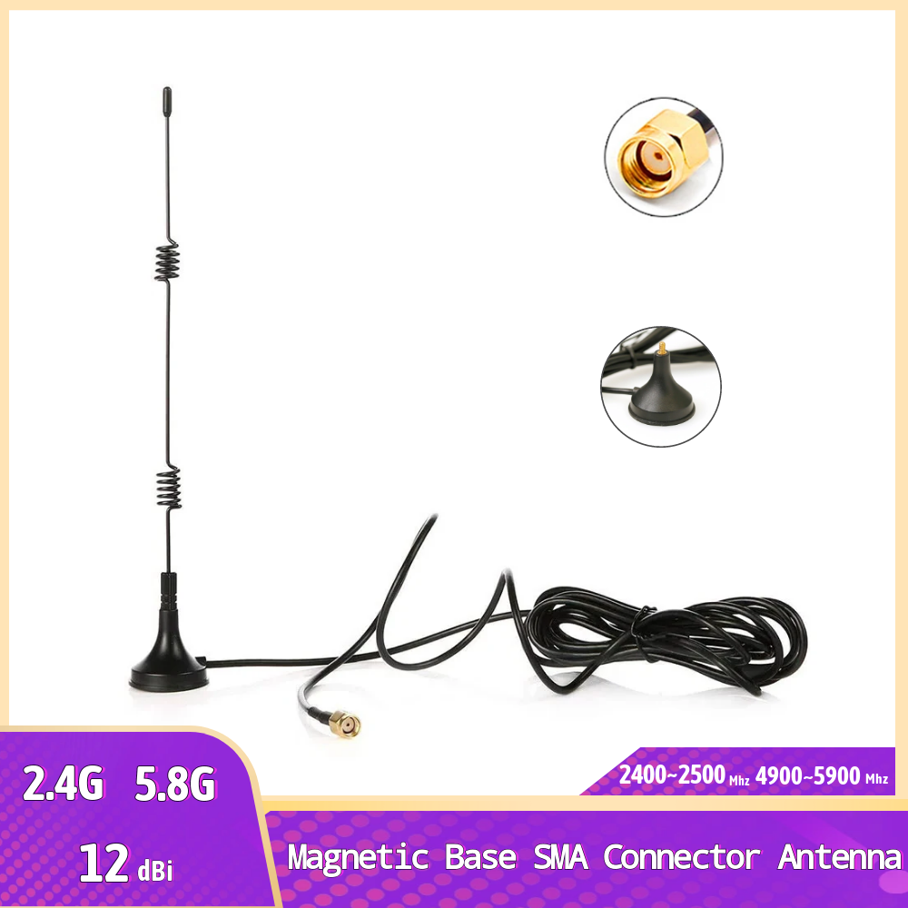 Antenne externe intérieure à Base magnétique 2.4G/5G, 12dbi, avec connecteur RP-SMA, pour routeur Wifi, Modem, câble GR174, 3 mètres