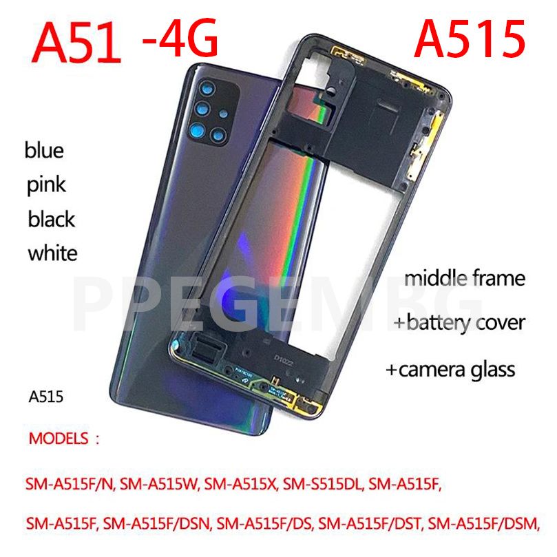 Boîtier de batterie A51 4G A515 pour Samsung Galaxy A51 2020 A515F, châssis, cadre central, couverture arrière + pièces de réparation d'objectif d'appareil photo