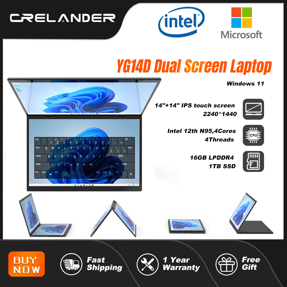 Crelander 14 "10.5" Yoga ordinateur portable Intel 12ème génération N95 processeur m2 SSD 2K double écran tactile ordinateur portable mini - ordinateur manuscrit