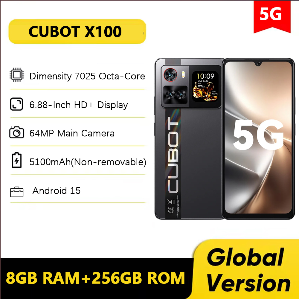 CUBOT X100 5G Smartphone Android 15 dimension 7025 2.5GHz 6.88 pouces 8GB 256GB téléphone Mobiel 5100mAh batterie 64MP Cellphopne NFC