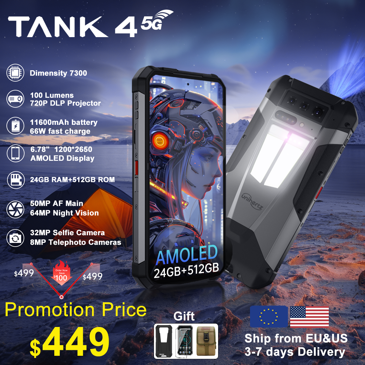 Première mondiale】Unihertz par 8849 Tank 4 Smartphone Projecteur 720P intégré Téléphone 5G 24 + 512 Go 11600 mAh Dimensité 7300 AMOLED 120 H