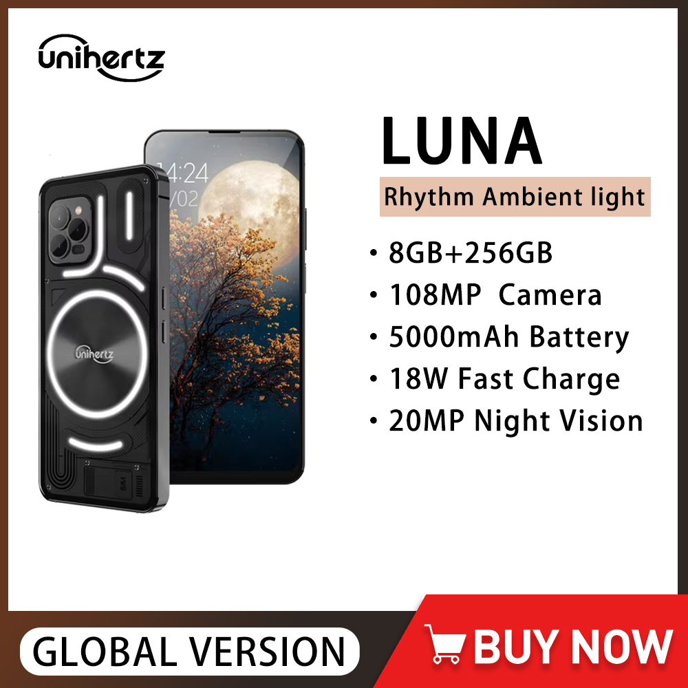 Unihertz-Téléphone portable Luna 4G, écran HD de 6.81 pouces, smartphone Android, mémoire de 8Gb et 256Gb, vision nocturne, batterie de 5000mAh, caméra de 108MP, NDavid, bande LED, musique