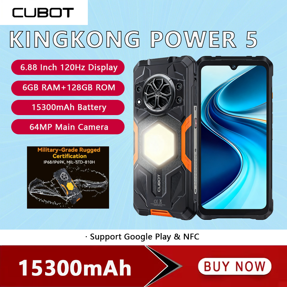 Cubot KingKong Power 5 téléphone robuste 6.88 pouces 120Hz 6GB 128GB téléphones mobiles 15300mAh batterie 64MP Smartphone Android 15 NFC